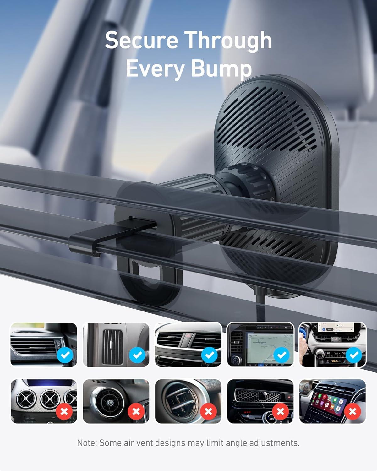 imageAnker Prime MagSafe Car Mount Charger Qi2 25W Certified Wireless Car Charger with TEC Cooling Strong Magnets Air Vent Mount for iPhone 1712 Series Check Vent Compatibility Includes 60W AdapterB2932
