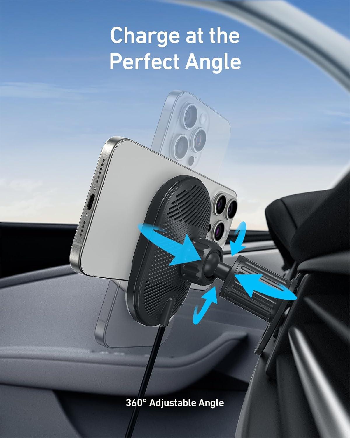 imageAnker Prime MagSafe Car Mount Charger Qi2 25W Certified Wireless Car Charger with TEC Cooling Strong Magnets Air Vent Mount for iPhone 1712 Series Check Vent Compatibility Includes 60W AdapterB2932