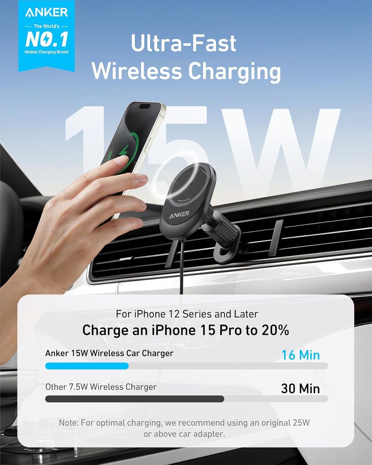 imageAnker Prime MagSafe Car Mount Charger Qi2 25W Certified Wireless Car Charger with TEC Cooling Strong Magnets Air Vent Mount for iPhone 1712 Series Check Vent Compatibility Includes 60W AdapterB2932