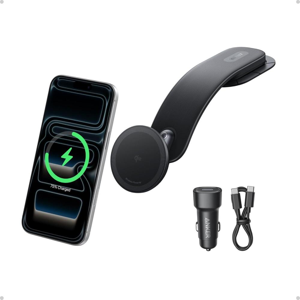 imageAnker Nano Magnetic Wireless Car Charger 360 Adjustable Mount Car Charger with Detachable Pad 15W Qi2 Certified with Alloy Bracket Fast Charging for iPhone 1716151413 Series Adapter Included