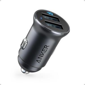 Anker 320 Car Charger (24W II), Mini Aluminum Alloy Dual USB with Blue LED for iPhone16 15 14 13 12 Series, iPad Pro/Air 2/Mini, Galaxy and More – Not Compatible with Quick Charge (Black)(black)