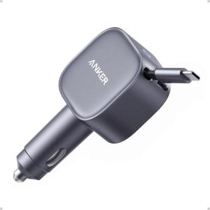 Anker USB-C Car Charger, 75W Max Ultra-Compact Type-C Fast Car Charger with Built-in Retractable Cable Car Adapter for iPhone 15/14 Series, Samsung S24/S23, MacBookPro/Air, iPad, and More