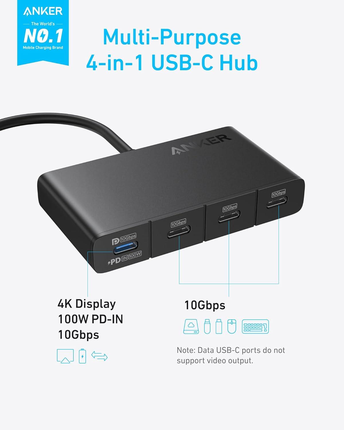 imageAnker USBC Hub USBC to 4Port USBC Adapter Multiport USB C Splitter USB 32 Display Hub with 100W Max PD amp Max 10Gbps Fast Data Transfer for MacBook Pro iPad Surface Pro Dell and More