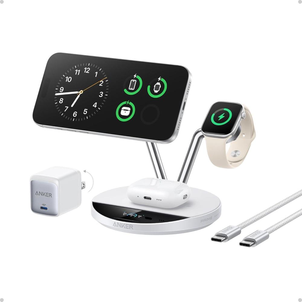 imageAnker Prime MagSafe Charger Compatible 3in1 Charging Station Qi2 25W Certified Wireless Charger Dock Stand Smart Display with TEC Active Cooling for iPhone 17 Apple Watch AirPods and MoreWhite