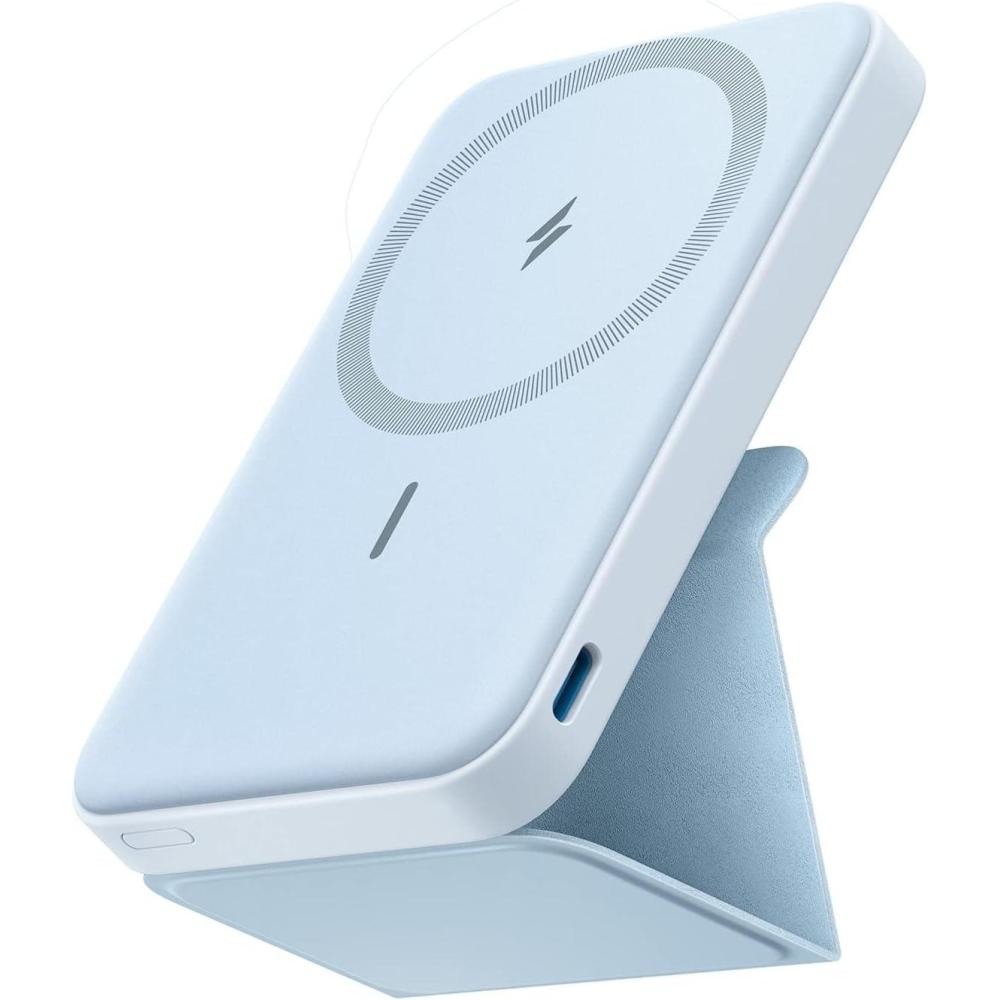imageAnker 622 Magnetic Battery MagGo 5000mAh Foldable Magnetic Wireless Portable Charger with Stand and USBC Port On The Side MagsafeCompatible for iPhone 16151413 SeriesMisty Blue