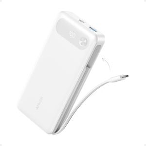 Anker Power Bank, 20,000mAh Travel Essential Portable Charger with Built-in USB-C Cable, 3-Port 87W Max Fast Charging Battery Pack, for MacBook, iPhone 16/15 Series, Samsung, Switch, and More(White)