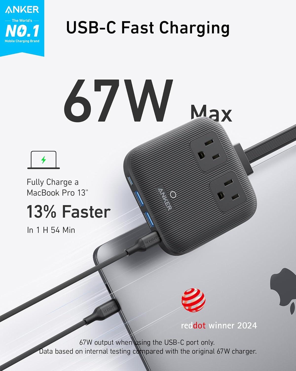 imageAnker Nano Charging Station67W Max 6in1 USBC Power Strip for iPhone 1615 and MacBook with Flat Plug and 5ft Thin Undetachable Extension Cord2 AC2 USBA2 USBC for HomeampOfficeBlack Stone