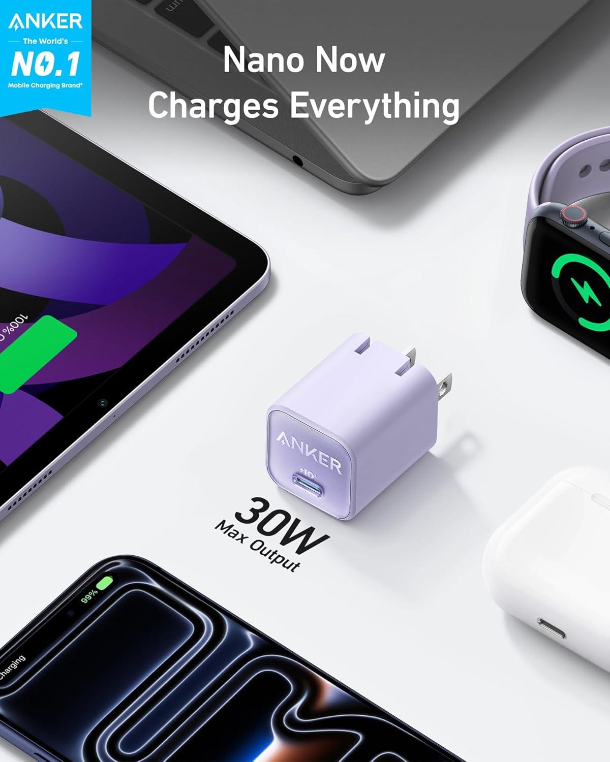 imageAnker Nano USB C Charger Block 30W PIQ 30 Foldable iPhone Charger Fast Charging for iPhone 1716 Series Galaxy iPad Compatible with MagSafeLilac Purple