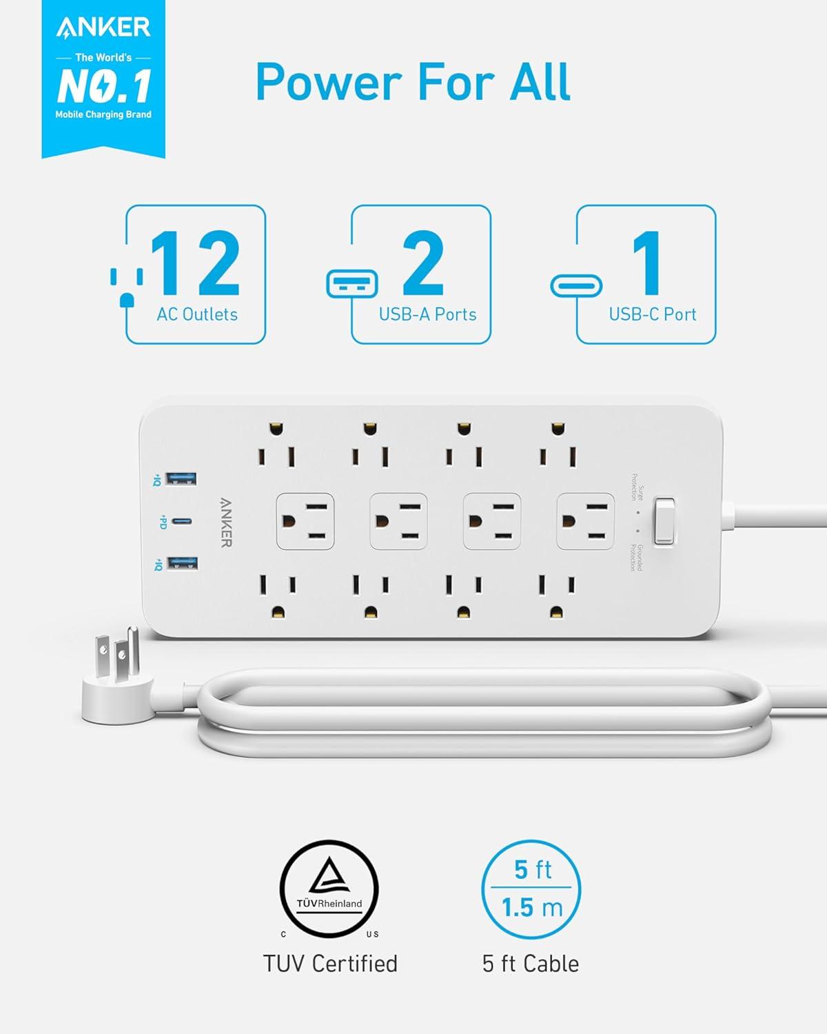imageAnker Power Strip Surge Protector 2100J 12 Outlets with 2 USB A and 1 USB C Port for Multiple Devices 5ft Extension Cord 20W Power Delivery Charging for Home Office Dorm Essential TUV ListedWhite