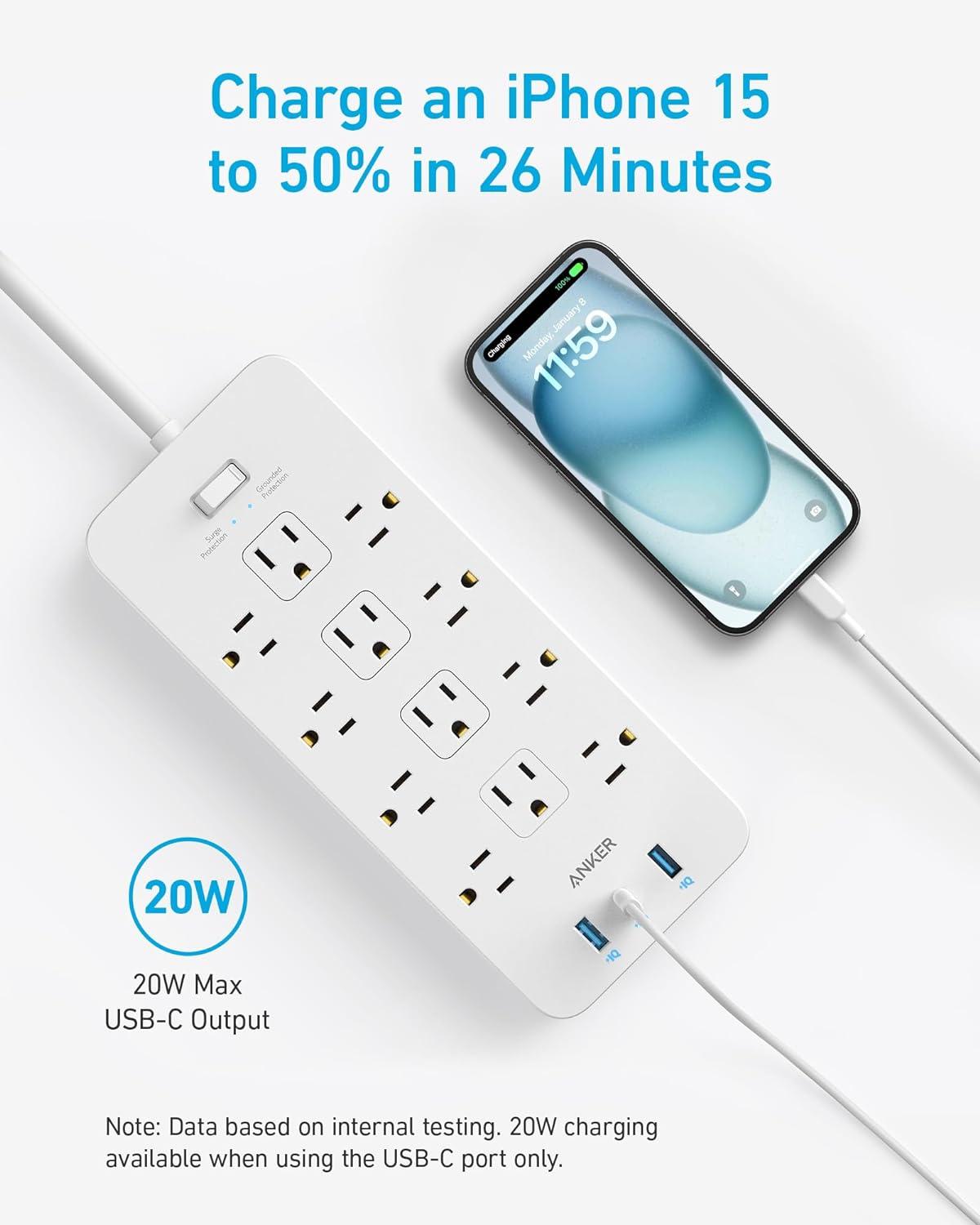 imageAnker Power Strip Surge Protector 2100J 12 Outlets with 2 USB A and 1 USB C Port for Multiple Devices 5ft Extension Cord 20W Power Delivery Charging for Home Office Dorm Essential TUV ListedWhite