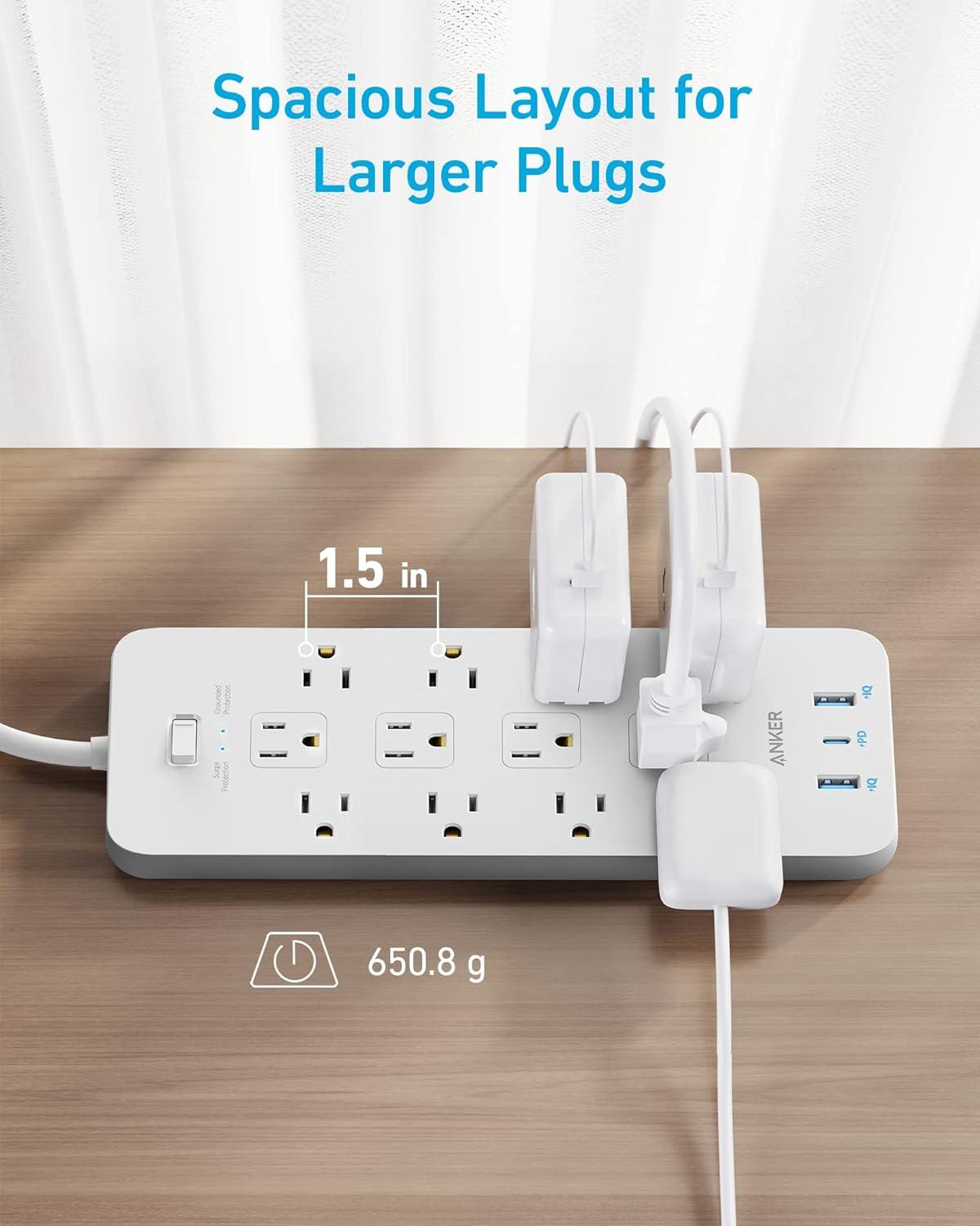 imageAnker Power Strip Surge Protector 2100J 12 Outlets with 2 USB A and 1 USB C Port for Multiple Devices 5ft Extension Cord 20W Power Delivery Charging for Home Office Dorm Essential TUV ListedWhite