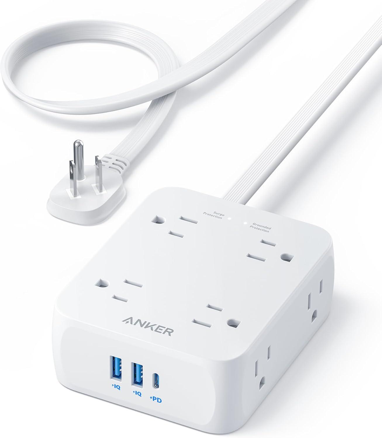 imageAnker Power Strip with 2000J Surge Protector Flat Plug Extension Cord with Multiple Outlets 8 AC 2 USB A amp 1 USB C Port for 20W 5ft Outlet Extender Dorm Room Essentials Home Office TUV ListedShell White