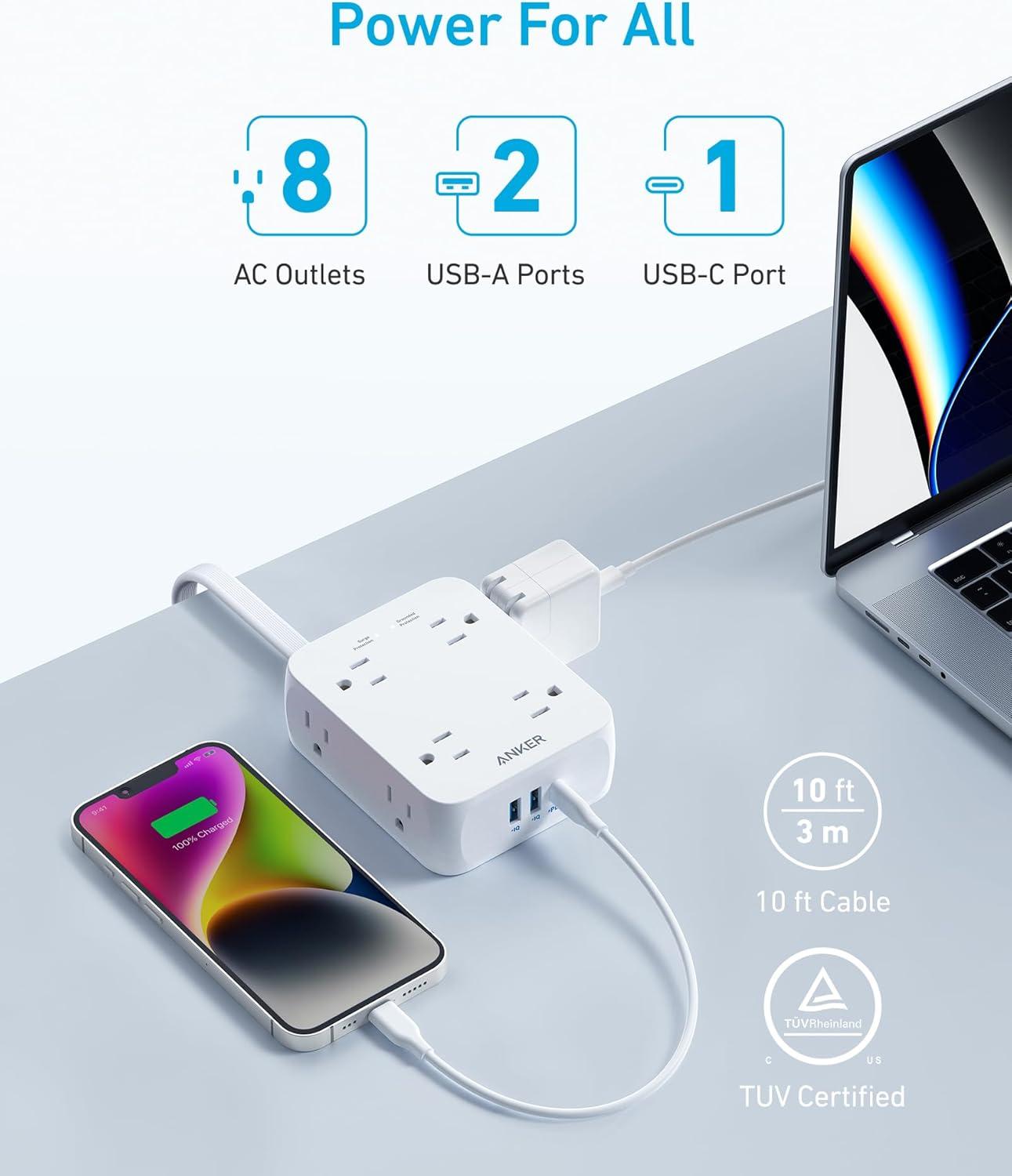 imageAnker Power Strip with 2000J Surge Protector Flat Plug Extension Cord with Multiple Outlets 8 AC 2 USB A amp 1 USB C Port for 20W 5ft Outlet Extender Dorm Room Essentials Home Office TUV ListedShell White