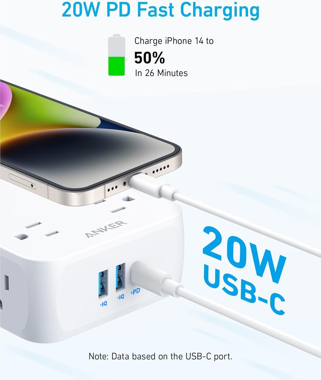 imageAnker Power Strip with 2000J Surge Protector Flat Plug Extension Cord with Multiple Outlets 8 AC 2 USB A amp 1 USB C Port for 20W 5ft Outlet Extender Dorm Room Essentials Home Office TUV ListedShell White