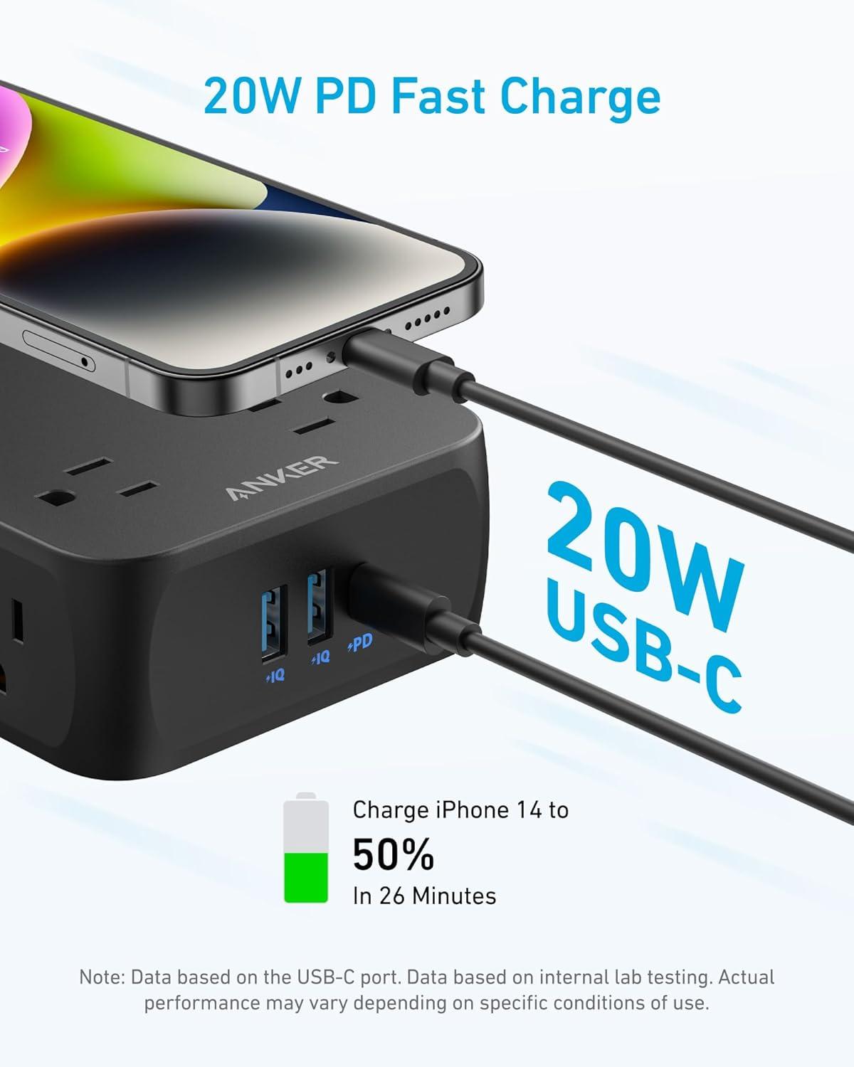 imageAnker Power Strip with 2000J Surge Protector Flat Plug Extension Cord with Multiple Outlets 8 AC 2 USB A amp 1 USB C Port for 20W 5ft Outlet Extender Dorm Room Essentials Home Office TUV ListedBlack