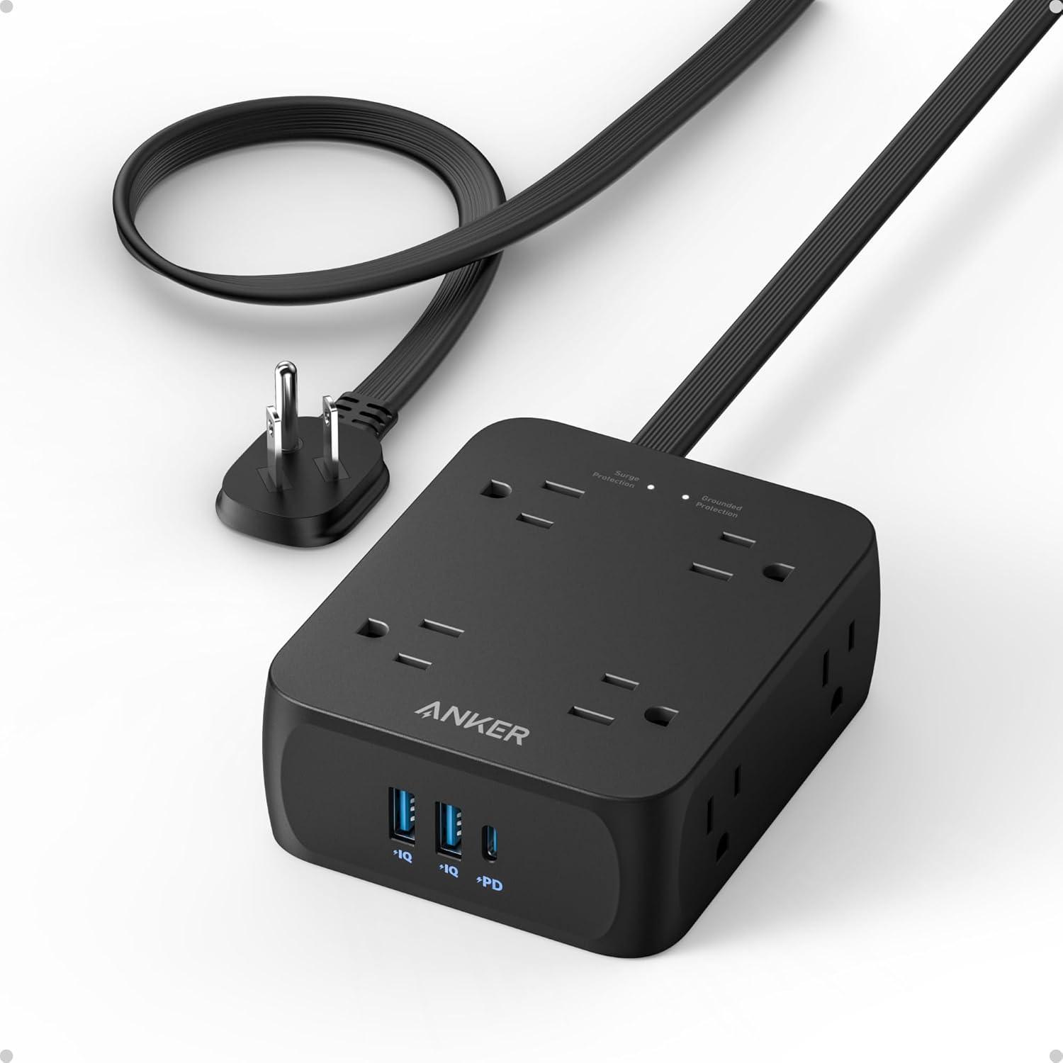 imageAnker Power Strip with 2000J Surge Protector Flat Plug Extension Cord with Multiple Outlets 8 AC 2 USB A amp 1 USB C Port for 20W 5ft Outlet Extender Dorm Room Essentials Home Office TUV ListedBlack