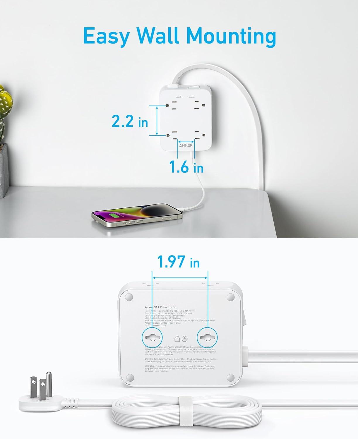 imageAnker Power Strip with 2000J Surge Protector Flat Plug Extension Cord with Multiple Outlets 8 AC 2 USB A amp 1 USB C Port for 20W 5ft Outlet Extender Dorm Room Essentials Home Office TUV ListedShell White