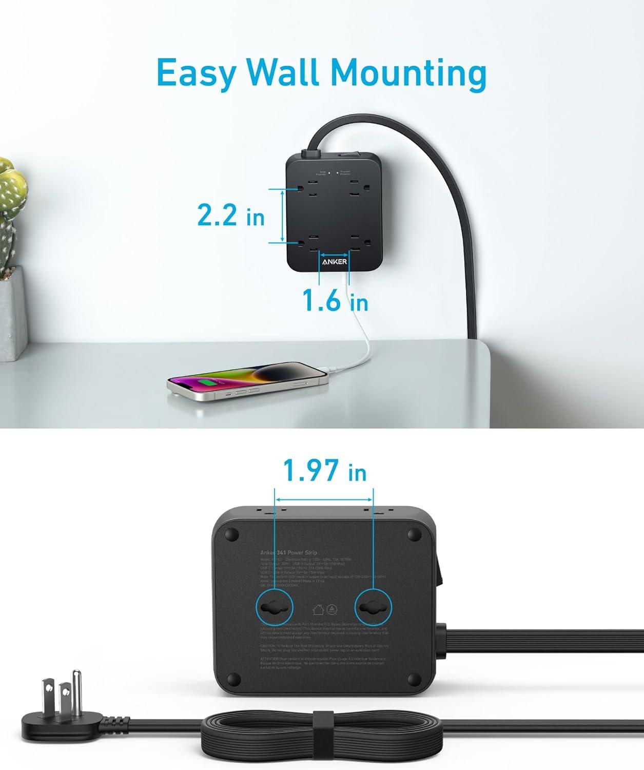 imageAnker Power Strip with 2000J Surge Protector Flat Plug Extension Cord with Multiple Outlets 8 AC 2 USB A amp 1 USB C Port for 20W 5ft Outlet Extender Dorm Room Essentials Home Office TUV ListedBlack