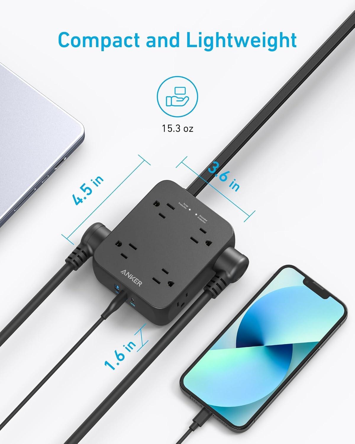 imageAnker Power Strip with 2000J Surge Protector Flat Plug Extension Cord with Multiple Outlets 8 AC 2 USB A amp 1 USB C Port for 20W 5ft Outlet Extender Dorm Room Essentials Home Office TUV ListedBlack
