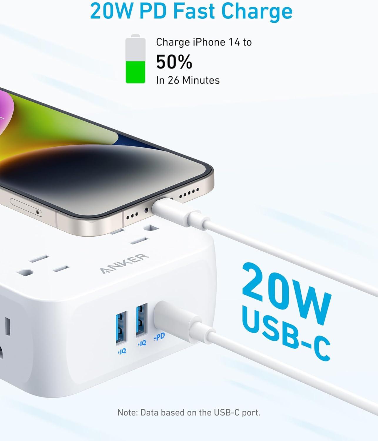 imageAnker Power Strip with 2000J Surge Protector Flat Plug Extension Cord with Multiple Outlets 8 AC 2 USB A amp 1 USB C Port for 20W 5ft Outlet Extender Dorm Room Essentials Home Office TUV ListedShell White