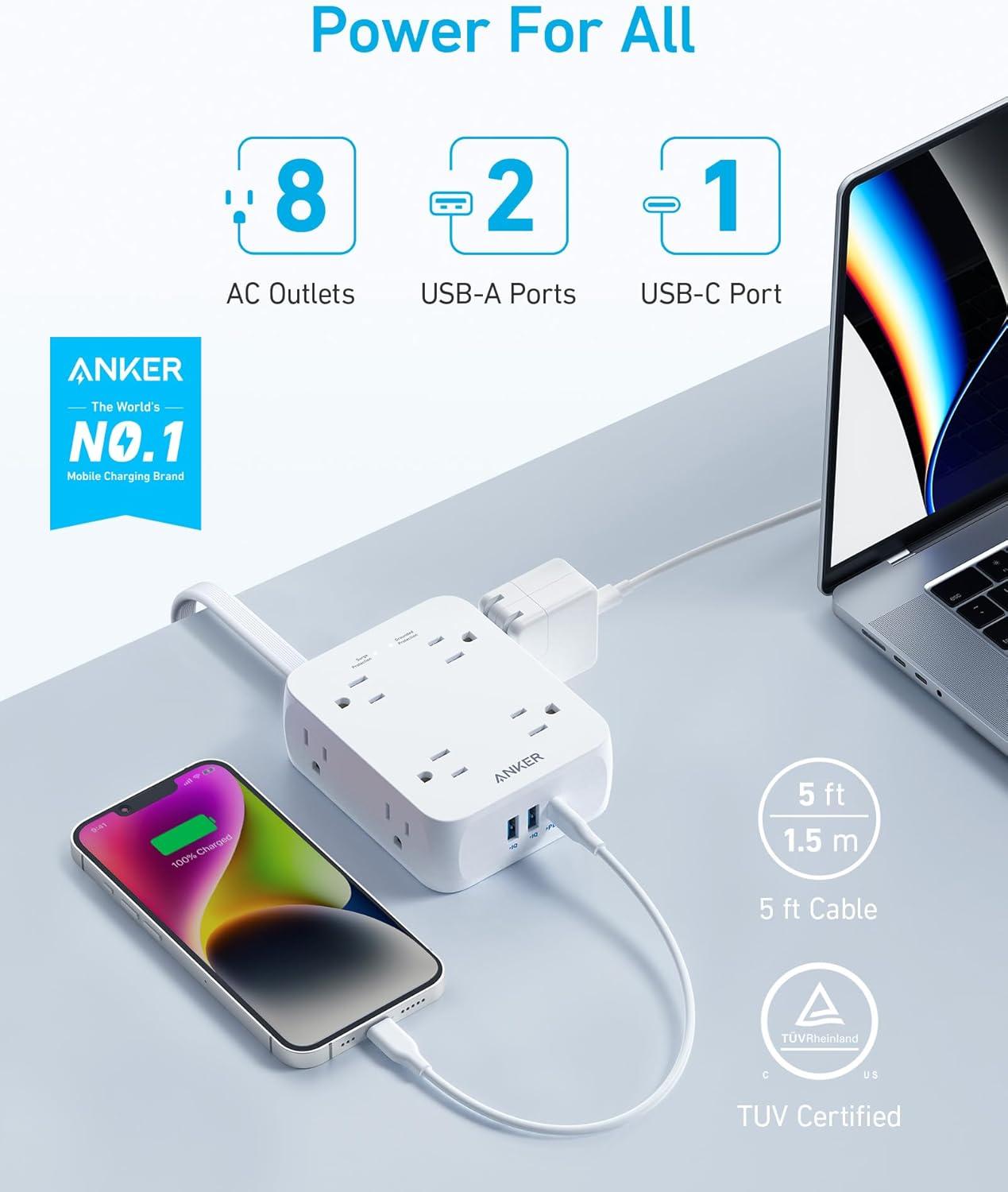imageAnker Power Strip with 2000J Surge Protector Flat Plug Extension Cord with Multiple Outlets 8 AC 2 USB A amp 1 USB C Port for 20W 5ft Outlet Extender Dorm Room Essentials Home Office TUV ListedShell White
