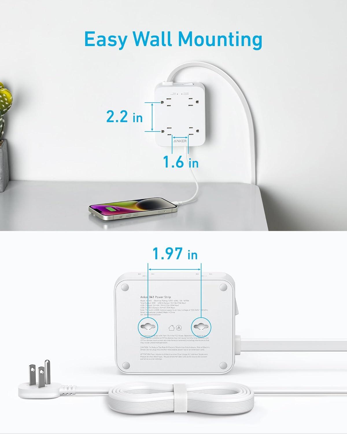 imageAnker Power Strip with 2000J Surge Protector Flat Plug Extension Cord with Multiple Outlets 8 AC 2 USB A amp 1 USB C Port for 20W 5ft Outlet Extender Dorm Room Essentials Home Office TUV ListedShell White