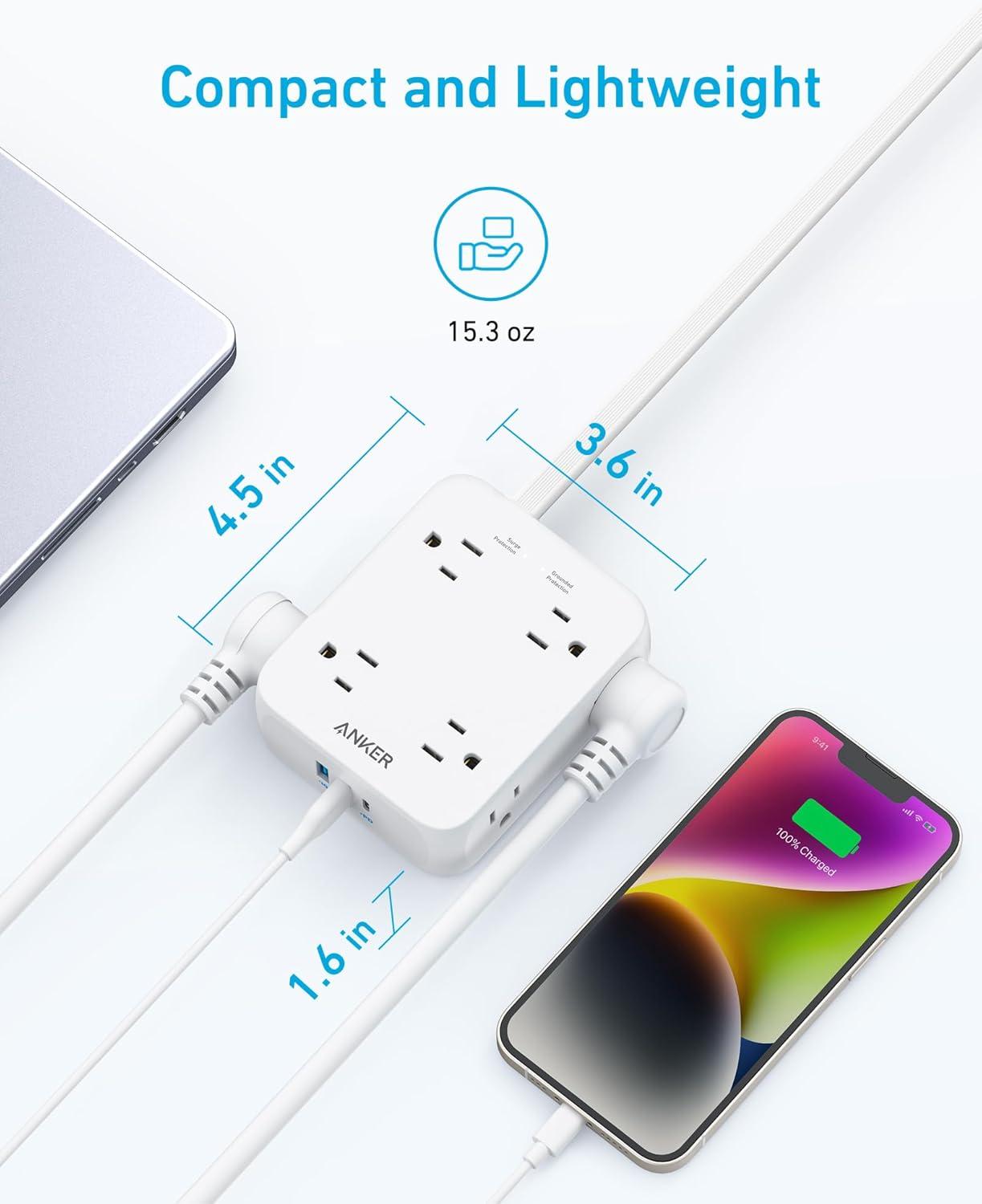 imageAnker Power Strip with 2000J Surge Protector Flat Plug Extension Cord with Multiple Outlets 8 AC 2 USB A amp 1 USB C Port for 20W 5ft Outlet Extender Dorm Room Essentials Home Office TUV ListedShell White
