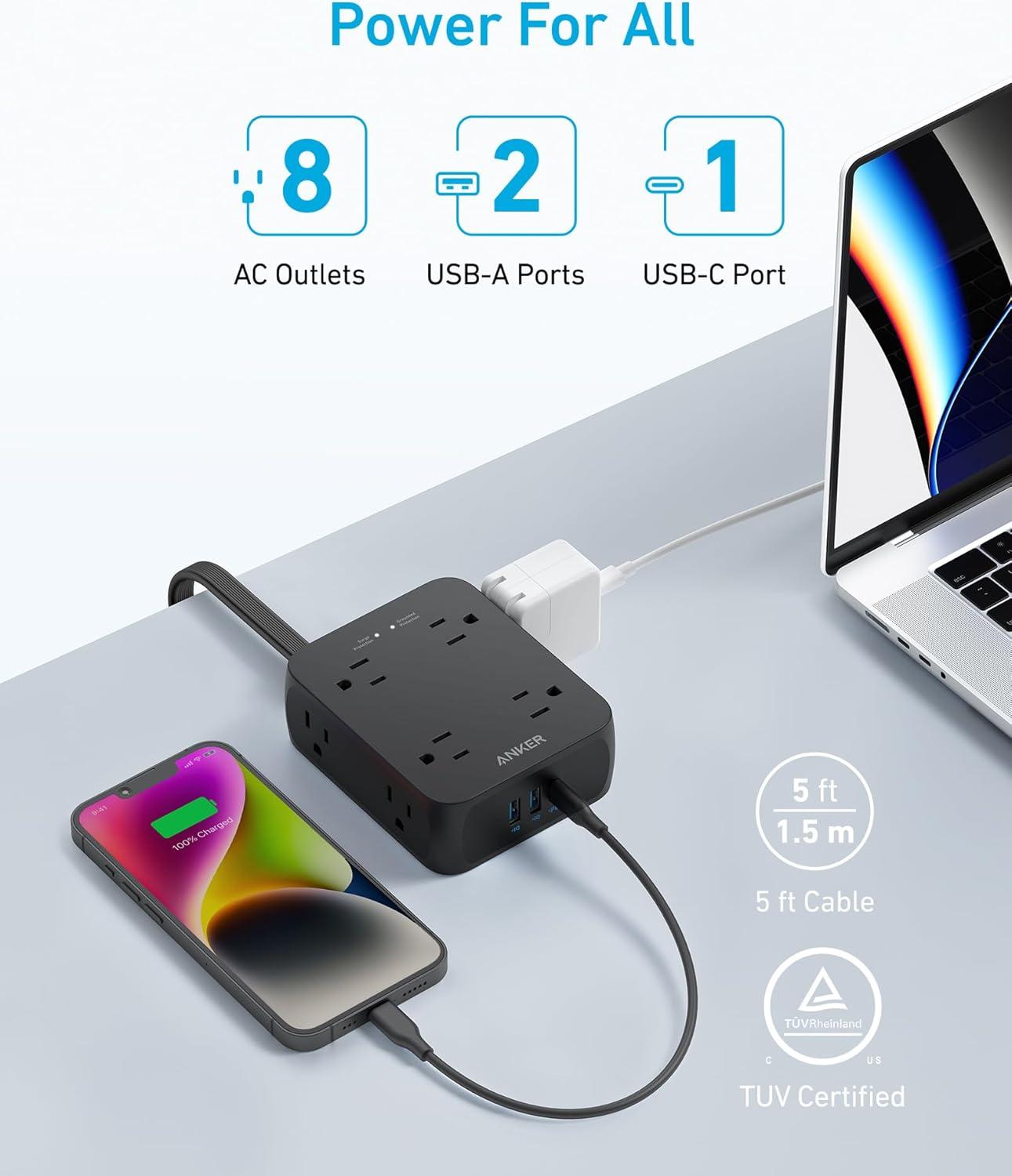 imageAnker Power Strip with 2000J Surge Protector Flat Plug Extension Cord with Multiple Outlets 8 AC 2 USB A amp 1 USB C Port for 20W 5ft Outlet Extender Dorm Room Essentials Home Office TUV ListedBlack