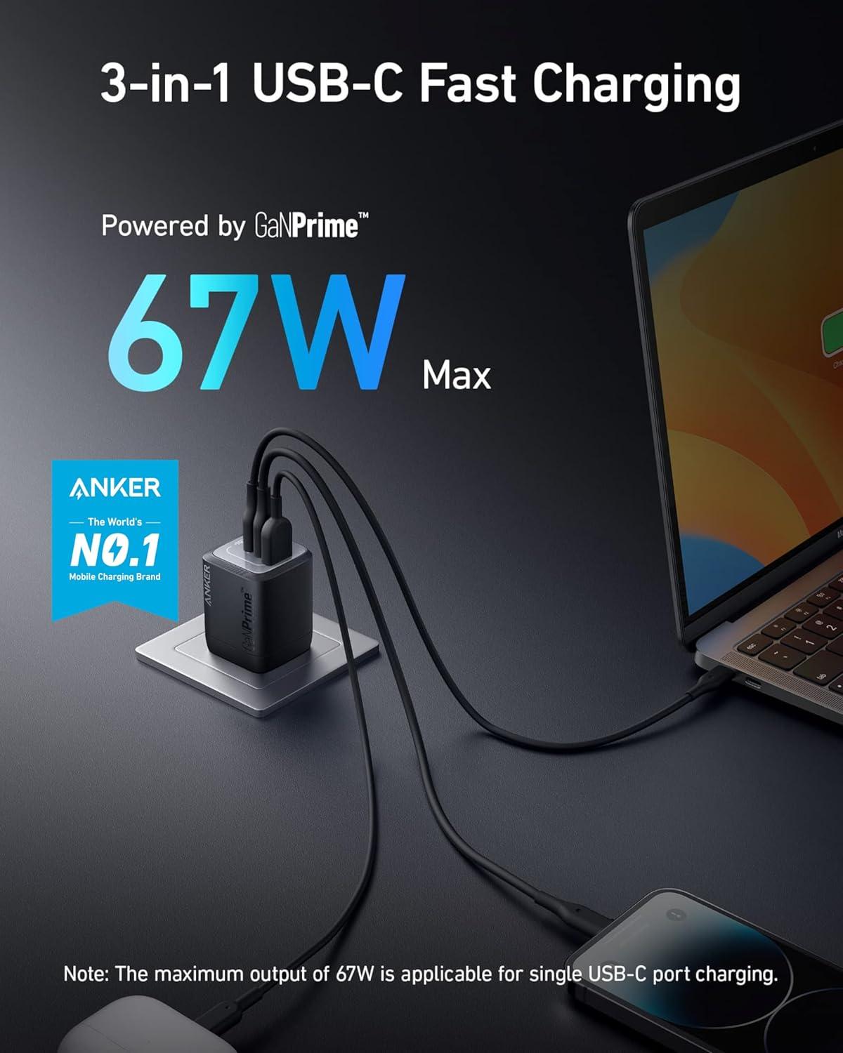 imageAnker Prime 67W USB C Charger Anker GaN Wall Charger 3Port Compact Fast PPS Charger For MacBook ProAir Pixelbook iPad Pro iPhone 1716Pro Galaxy S23S22 Note20 Pixel Apple Watch and More