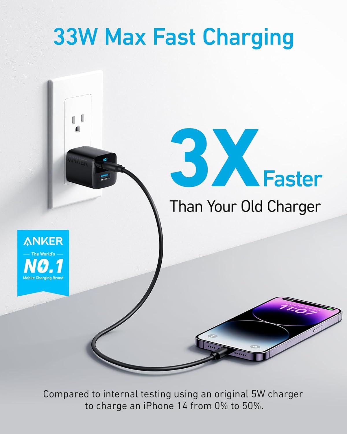 imageAnker USB C Charger Block 33W 2 Port Compact Charger with Foldable Plug for iPhone 1716 Series Galaxy and More Cable Not Included WhiteBlack