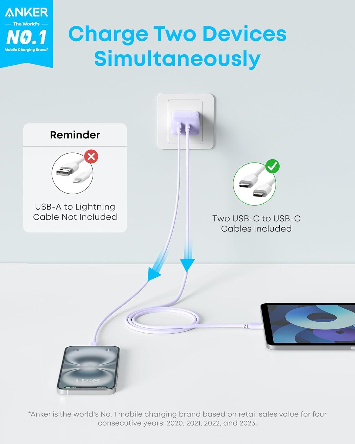imageAnker iPhone 1716 Charger 2Pack 20W Fast USB C Charger Block for iPhone 1616 Pro Max15 SeriesiPad Pro and More Black 2 Pack amp 2 Cablepurple