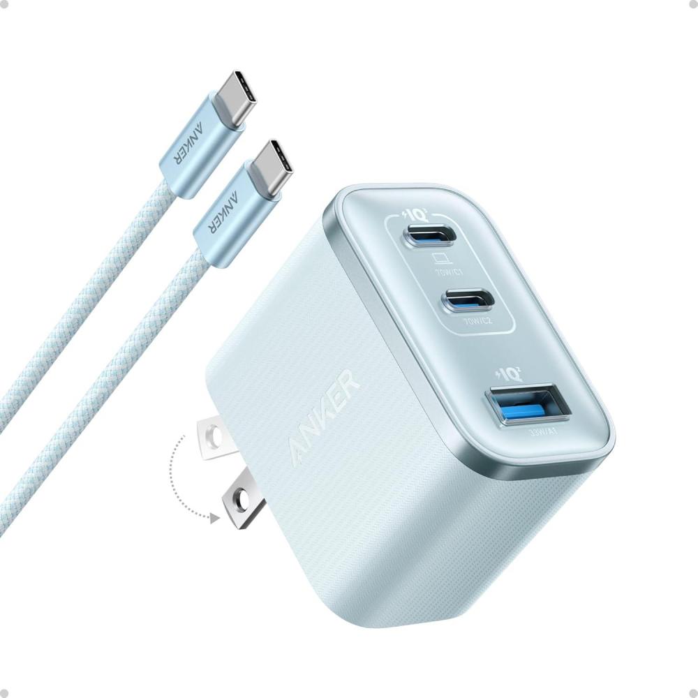 imageAnker Nano Charger UltraFast 70W Output 3Port USB C Charger Block Fast Charging Compact and Stylish for iPhone 1716 Series MacBook iPad Pixel Galaxy and MoreBlack Cable IncludedBlue