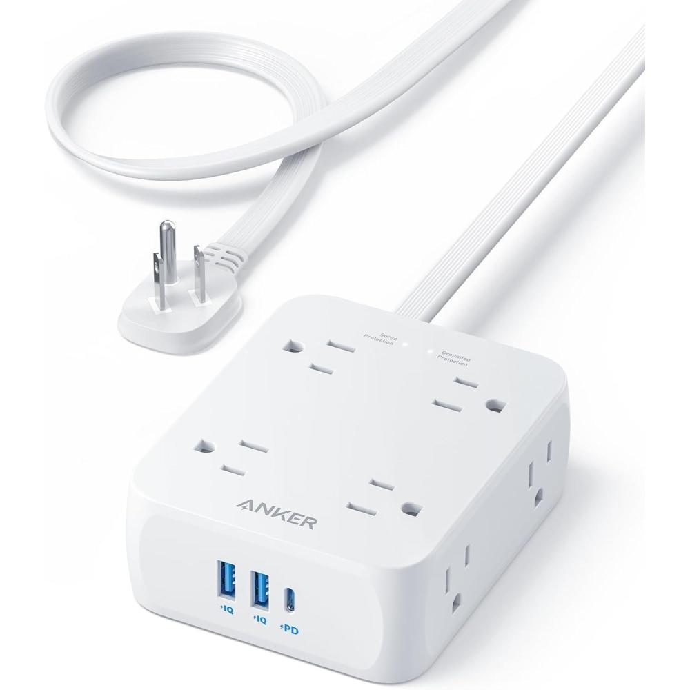 imageAnker Power Strip with 2000J Surge Protector Flat Plug Extension Cord with Multiple Outlets 8 AC 2 USB A amp 1 USB C Port for 20W 5ft Outlet Extender Dorm Room Essentials Home Office TUV ListedShell White