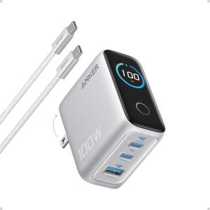 Anker Charger, 100W Max Ultra-Compact 3-Port GaN USB C Charger Block with Smart Display and Touch Control, Fast Wall Adapter for iPhone 17/16 Series, iPad, MacBook (Include Charge Cable, Non-Battery)(Silver)