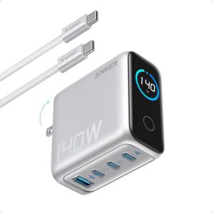 Anker Laptop Charger, 140W Max 4-Port GaN USB C Charger Block with Smart Display, Fast Charging Power Adapter, Touch Controls for MacBook, iPad, iPhone 17/16 Series (Include 5FT Cable, Non-Battery)(Silver)