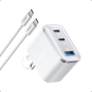 Anker Nano Charger, Ultra-Fast 70W Output 3-Port USB C Charger Block, Fast Charging, Compact and Stylish, for iPhone 17/16 Series, MacBook, iPad, Pixel, Galaxy, and More(Black, Cable Included)(White)