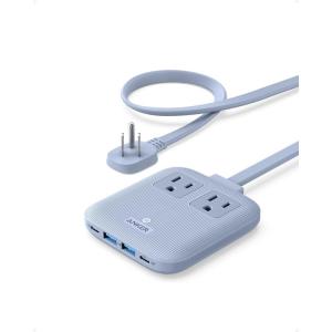 Anker Nano Charging Station(67W Max), 6-in-1 USB-C Power Strip for iPhone 16/15 and MacBook, with Flat Plug and 5ft Thin Undetachable Extension Cord,2 AC,2 USB-A,2 USB-C, for Home&Office(Ice Lake Blue)