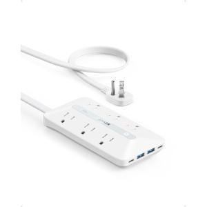 Anker Power Strip with 300J Surge Protector, Flat Plug Extension Cord with Multiple Outlets, 6 AC, 2 USB A & 2 USB C Ports for 20W, 5ft Outlet Extender, Dorm Room Essentials, Home Office(White)