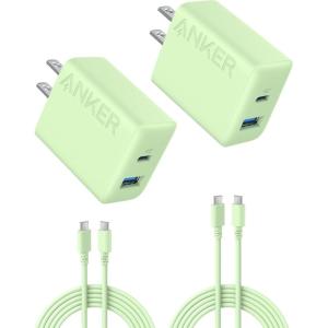 Anker iPhone 17/16 Charger, 2-Pack 20W Fast USB C Charger Block, for iPhone 16/16 Pro Max/15 Series/iPad Pro and More (Black, 2 Pack & 2 Cable)(green)
