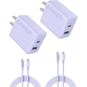 Anker iPhone 17/16 Charger, 2-Pack 20W Fast USB C Charger Block, for iPhone 16/16 Pro Max/15 Series/iPad Pro and More (Black, 2 Pack & 2 Cable)(purple)