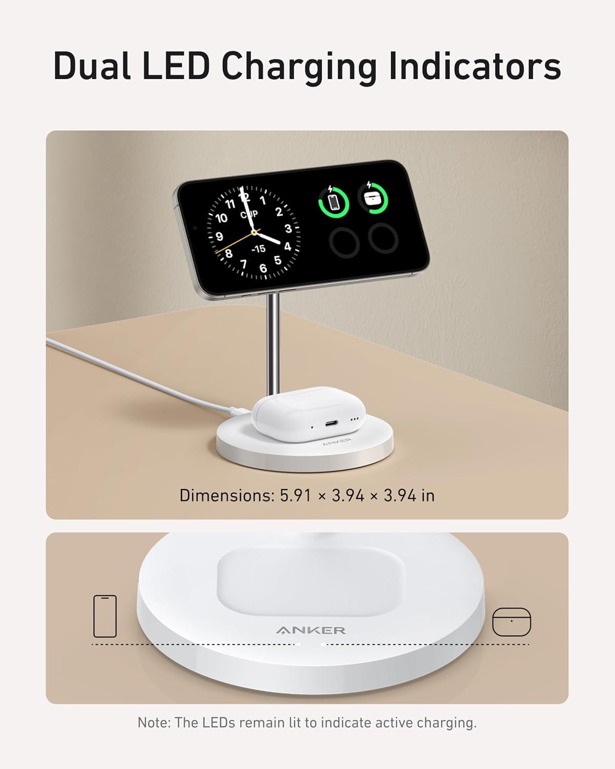 imageAnker MagSafe Compatible MagGo Charger Stand iPhone 17 Wireless Charger 2in1 Charging Station Qi2 Certified 15W Fast Charging for iPhone 171615141312 AirPods Pro Black No AdapterWhite