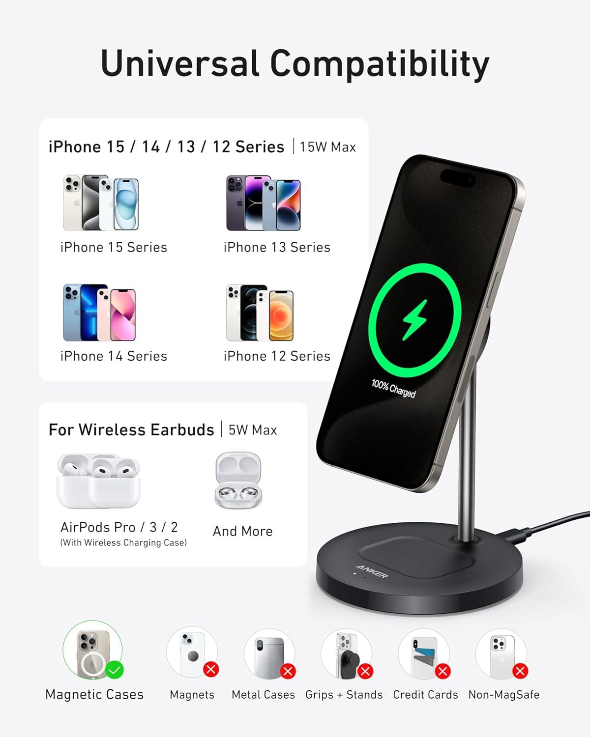 imageAnker MagSafe Compatible MagGo Charger Stand iPhone 17 Wireless Charger 2in1 Charging Station Qi2 Certified 15W Fast Charging for iPhone 171615141312 AirPods Pro Black No AdapterBlack