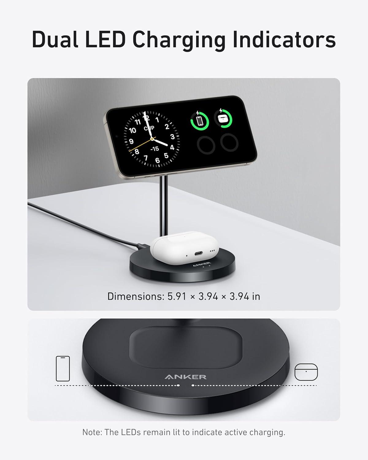 imageAnker MagSafe Compatible MagGo Charger Stand iPhone 17 Wireless Charger 2in1 Charging Station Qi2 Certified 15W Fast Charging for iPhone 171615141312 AirPods Pro Black No AdapterBlack