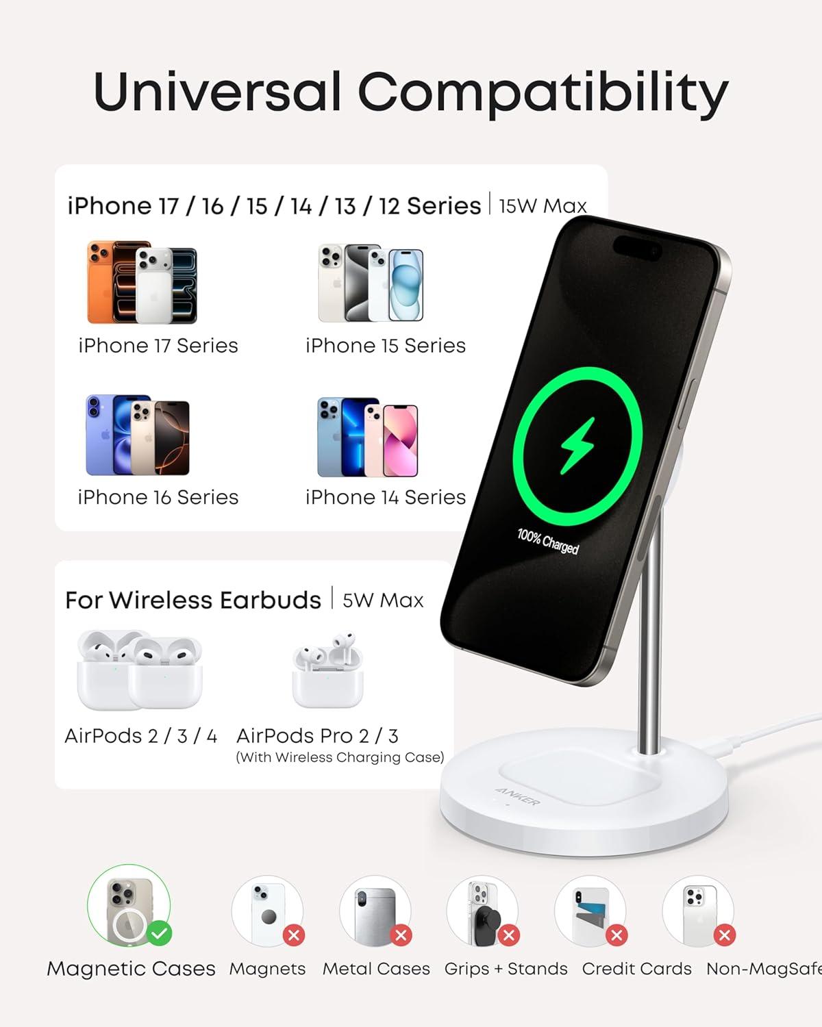 imageAnker MagSafe Compatible MagGo Charger Stand iPhone 17 Wireless Charger 2in1 Charging Station Qi2 Certified 15W Fast Charging for iPhone 171615141312 AirPods Pro Black No AdapterWhite
