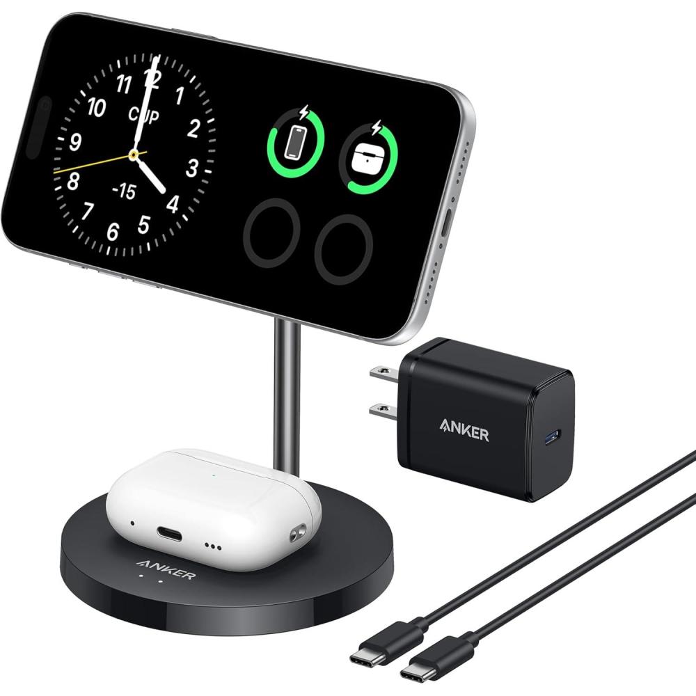 imageAnker MagSafe Compatible MagGo Charger Stand iPhone 17 Wireless Charger 2in1 Charging Station Qi2 Certified 15W Fast Charging for iPhone 171615141312 AirPods Pro Black No AdapterBlack