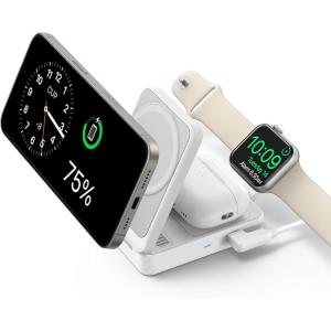 Anker MagGo 3 in 1 iPhone 17 Charging Station, MagSafe-Compatible Wireless Charger Stand, Qi2 Certified 15W Foldable Charger for iPhone 17/16/15/14/13/12, AirPods, Apple Watch Ultra(Adapter Included)(White)