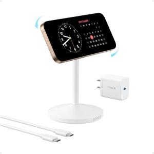 Anker MagGo iPhone 17 MagSafe Charger Compatible Stand, 15W Fast Magnetic Wireless Charging Station, Qi2 Certified 360° Wireless Charger, Magnetic Stand for iPhone 17/16/15/14/13 Series (No Adapter)(White)