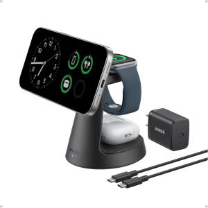 Anker MagSafe Charger Compatible, MagGo 3-in-1 Charging Station, Nano Charging Stand, Qi2 Certified 15W Magnetic Wireless Charger Dock, for iPhone17/16/15/14, Apple Watch,AirPods (Adapter Included)(Black)