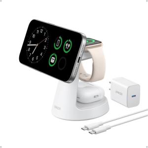 Anker MagSafe Charger Compatible, MagGo 3-in-1 Charging Station, Nano Charging Stand, Qi2 Certified 15W Magnetic Wireless Charger Dock, for iPhone17/16/15/14, Apple Watch,AirPods (Adapter Included)(White)