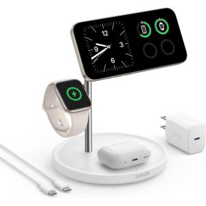 Anker MagSafe Charger Stand Compatible, iPhone 17 MagGo 3 in 1 Wireless Charging Station,Qi2 Certified 15W Wireless Charger, Desk Accessory, for iPhone 15/14/13/12 Series Apple Watch, AirPods(White)